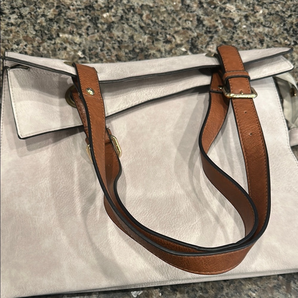 Cream and Tan Canvas Tote Bag with Leather Handles - Picture 7 of 7
